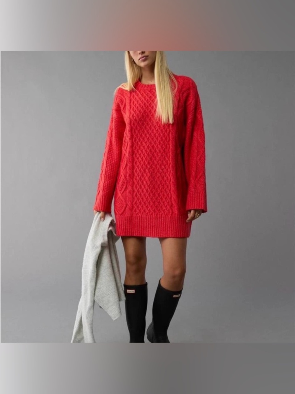 Bright Red Cable Knit chunky american eagle capsule cozy sweater dress holiday